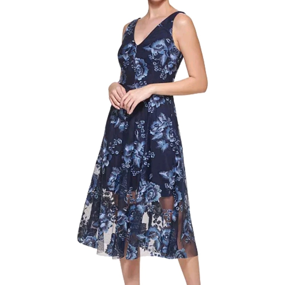 Vince‎ Camuto Embroidered Mesh V Neck Midi Dress Blue 16 New